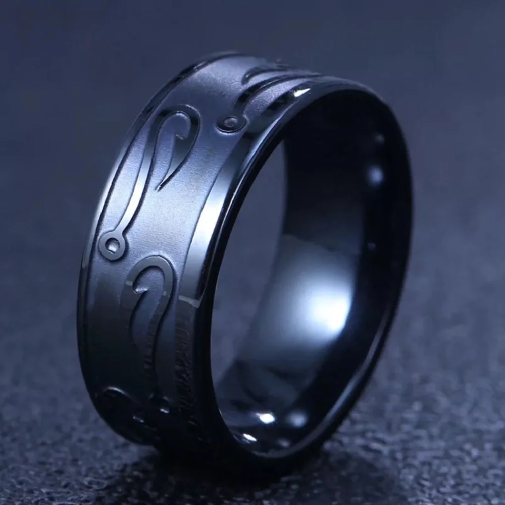 Tungsten Carbide FISHING HOOK Fisherman Angling Gold Silver Black 8mm Band Ring